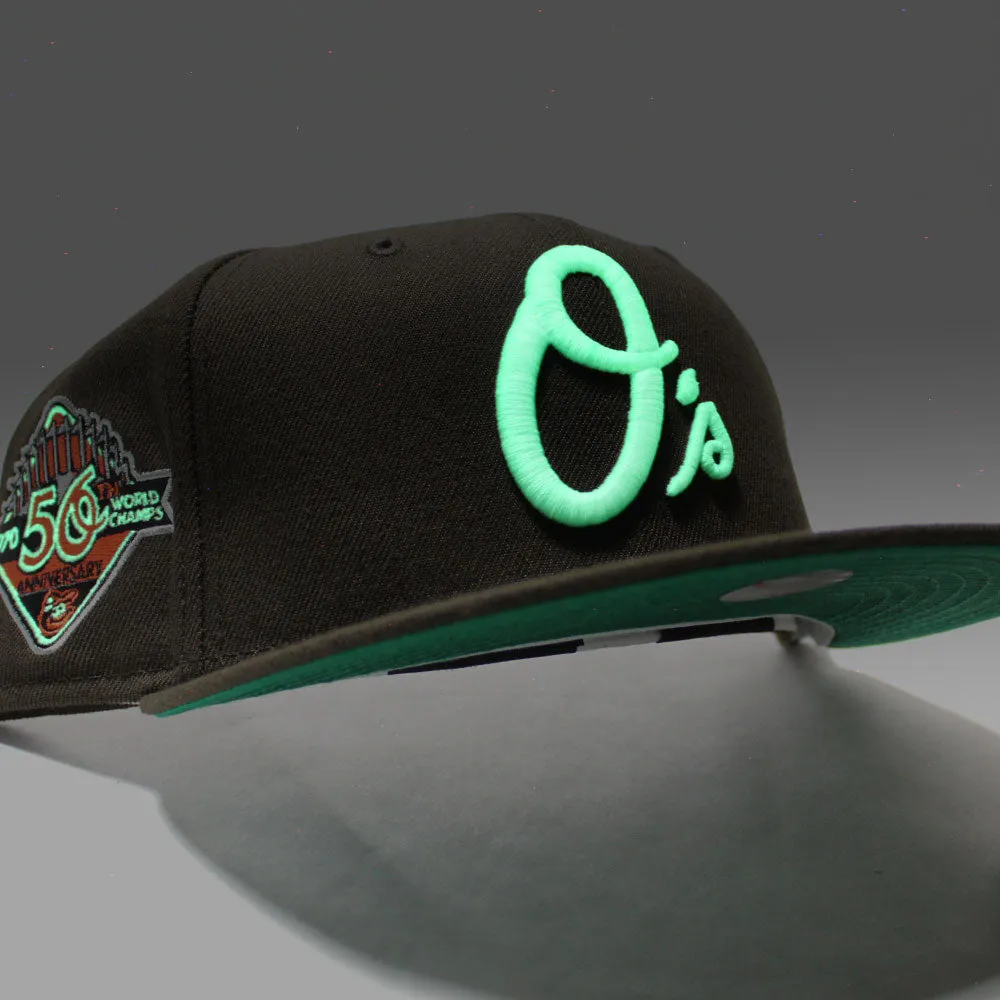 Baltimore Orioles 50TH Anniversary World Series Champs New Era 59Fifty Fitted Hat (Glow in the Dark Walnut Green Under Brim)