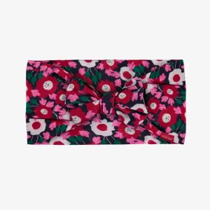 Bandeau rouge et vert fleuri avec noeud en voile, enfant || Flowery red and green headband in cotton veil with bow, child