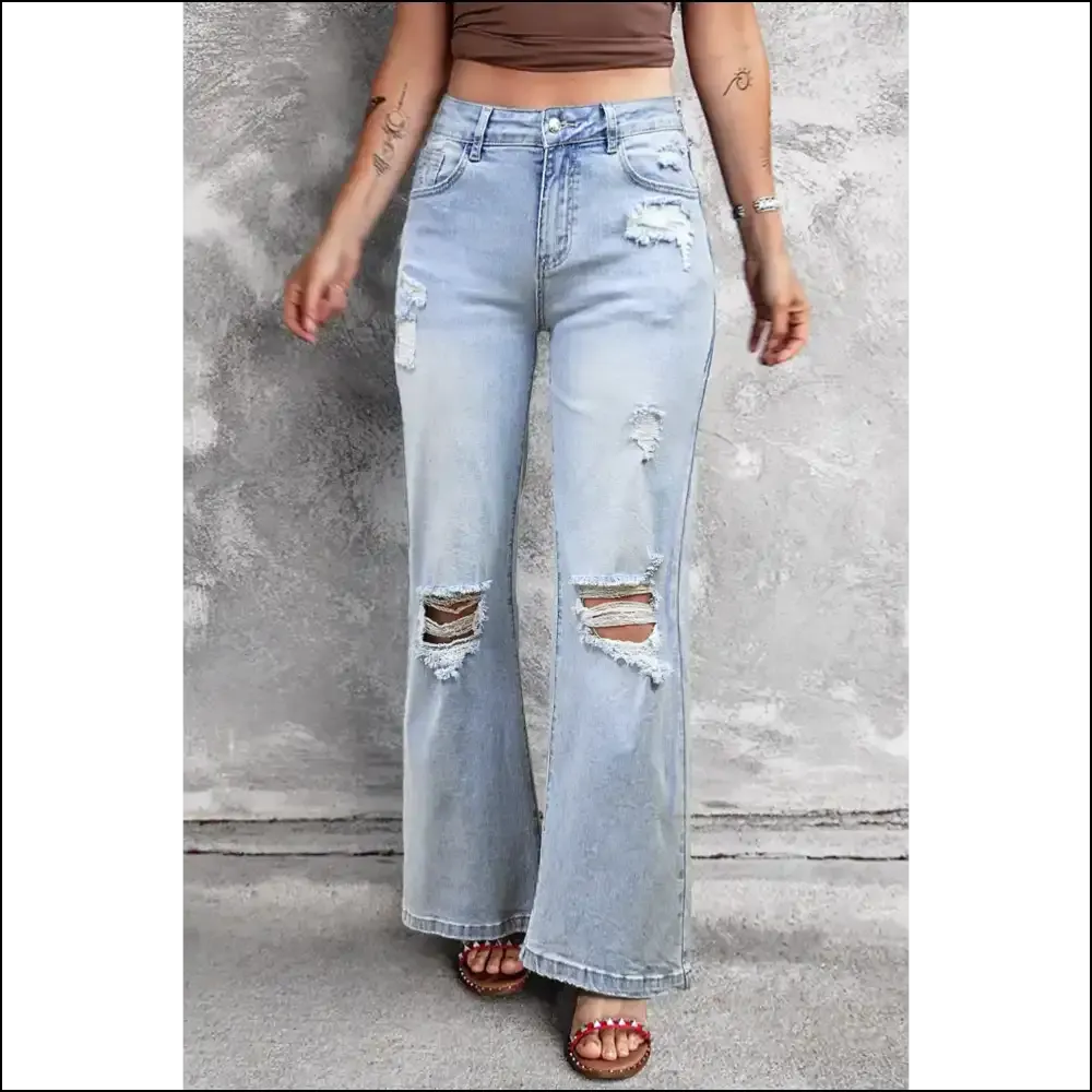 Beau Blue Distressed Flare Jeans: Feeling  Good in Needful Things.👖🔥 Light Wash