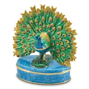 Bejeweled Pewter Multi Color Enamel Finish Peacock on Oval Trinket Box