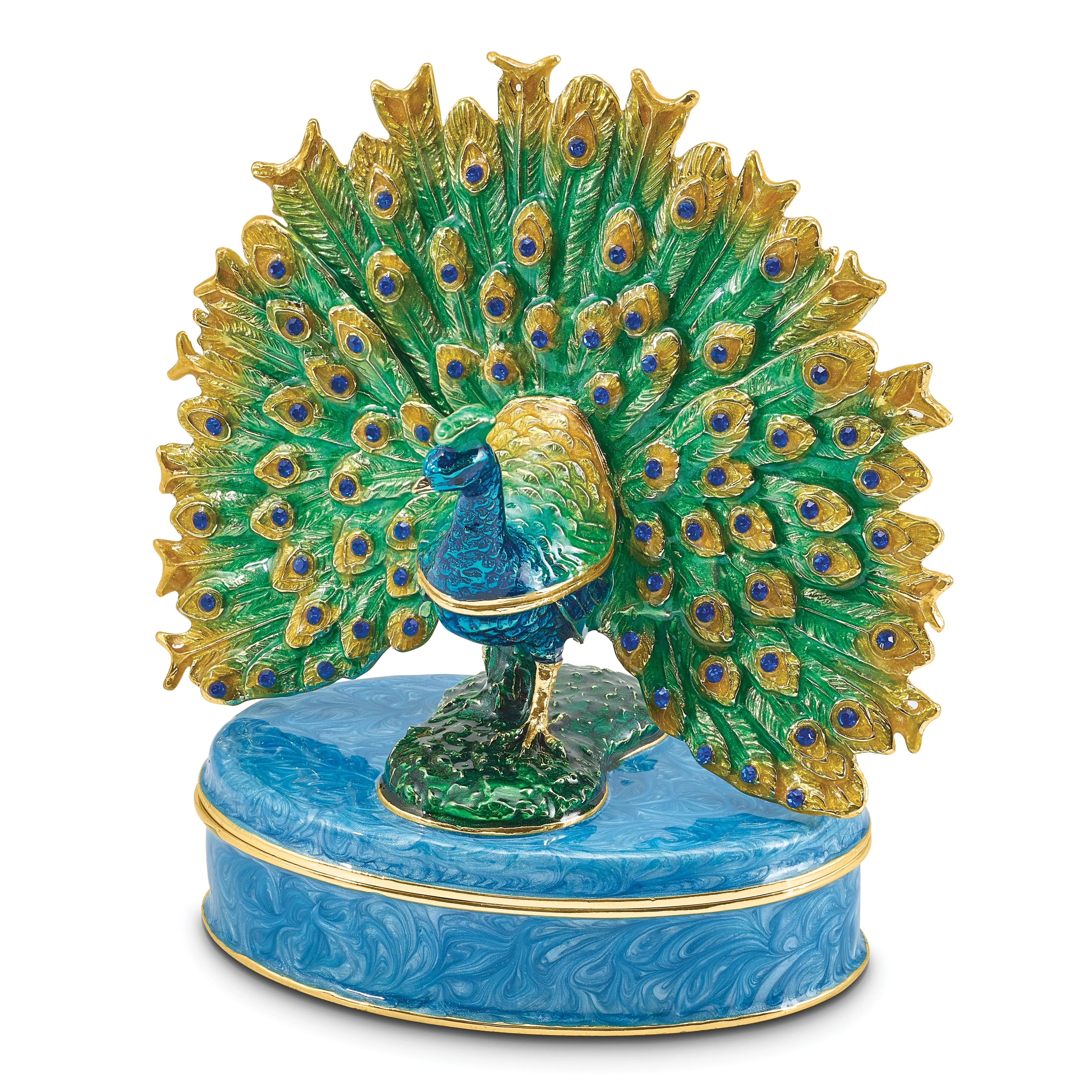 Bejeweled Pewter Multi Color Enamel Finish Peacock on Oval Trinket Box