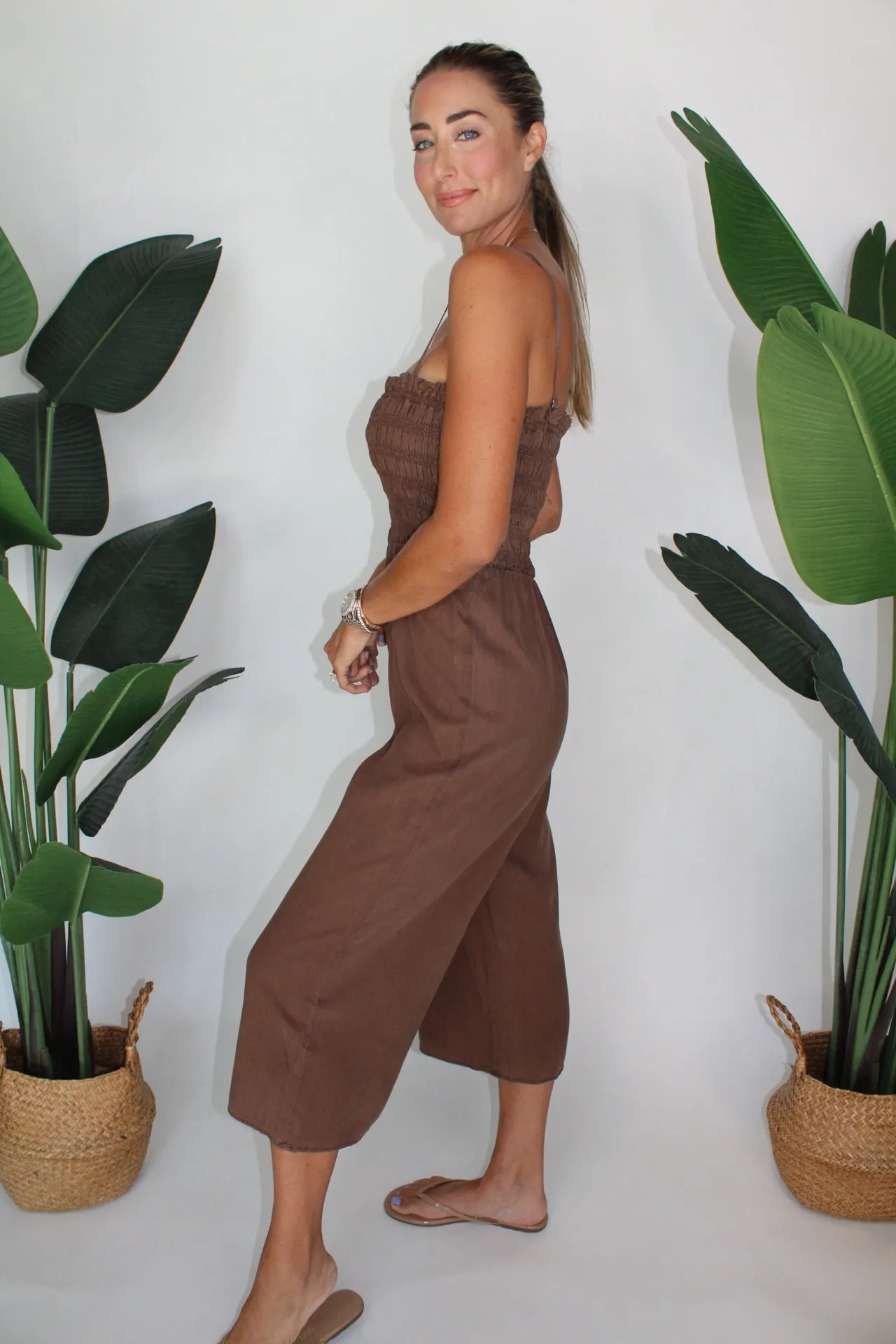 Bella Dahl Wide Leg Smocked Ruffle Jumpsuit
