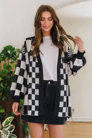 Black Checkered Open Front Drop Shoulder Cardigan