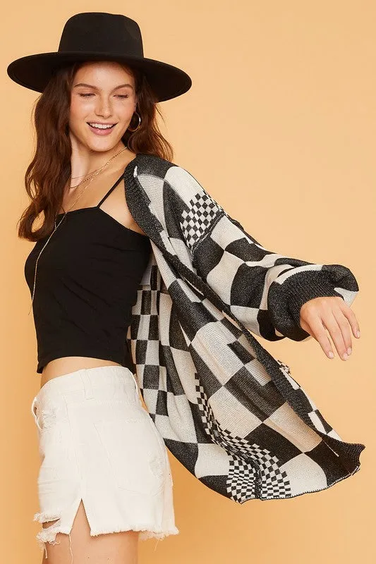 Black Checkered Open Front Drop Shoulder Cardigan