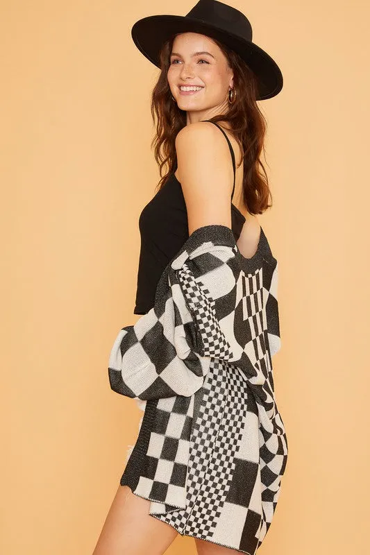 Black Checkered Open Front Drop Shoulder Cardigan