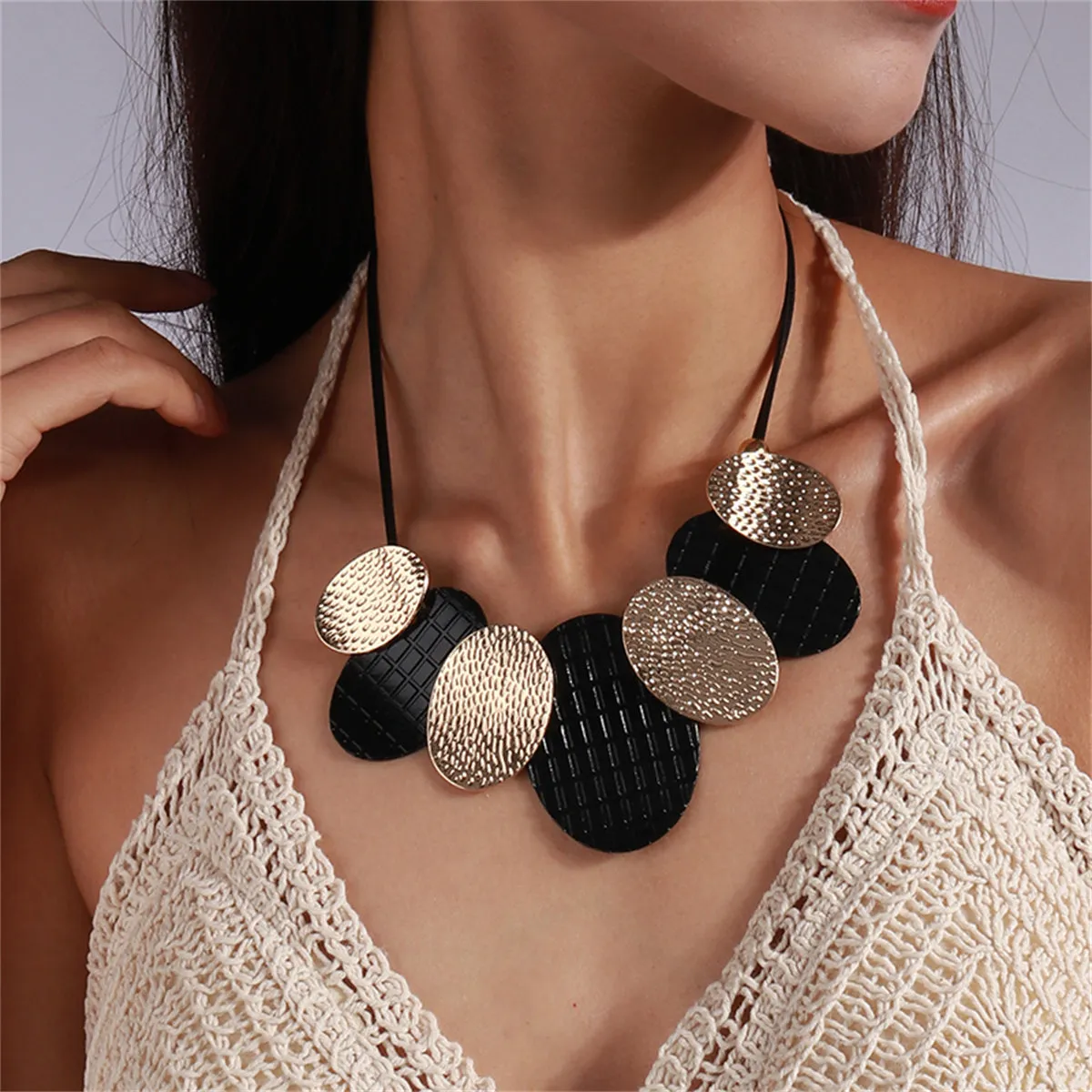 Black Polystyrene & 18K Gold-Plated Oval Statement Necklace