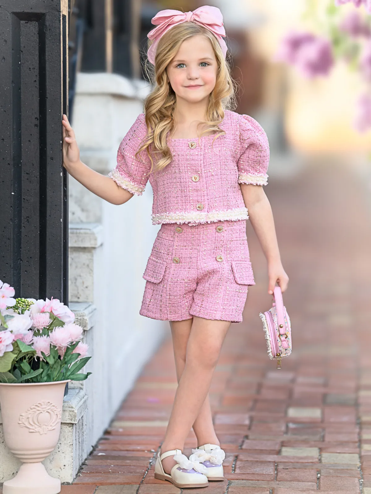 Blush Pearl Puff Sleeve Tweed Top and Short Set