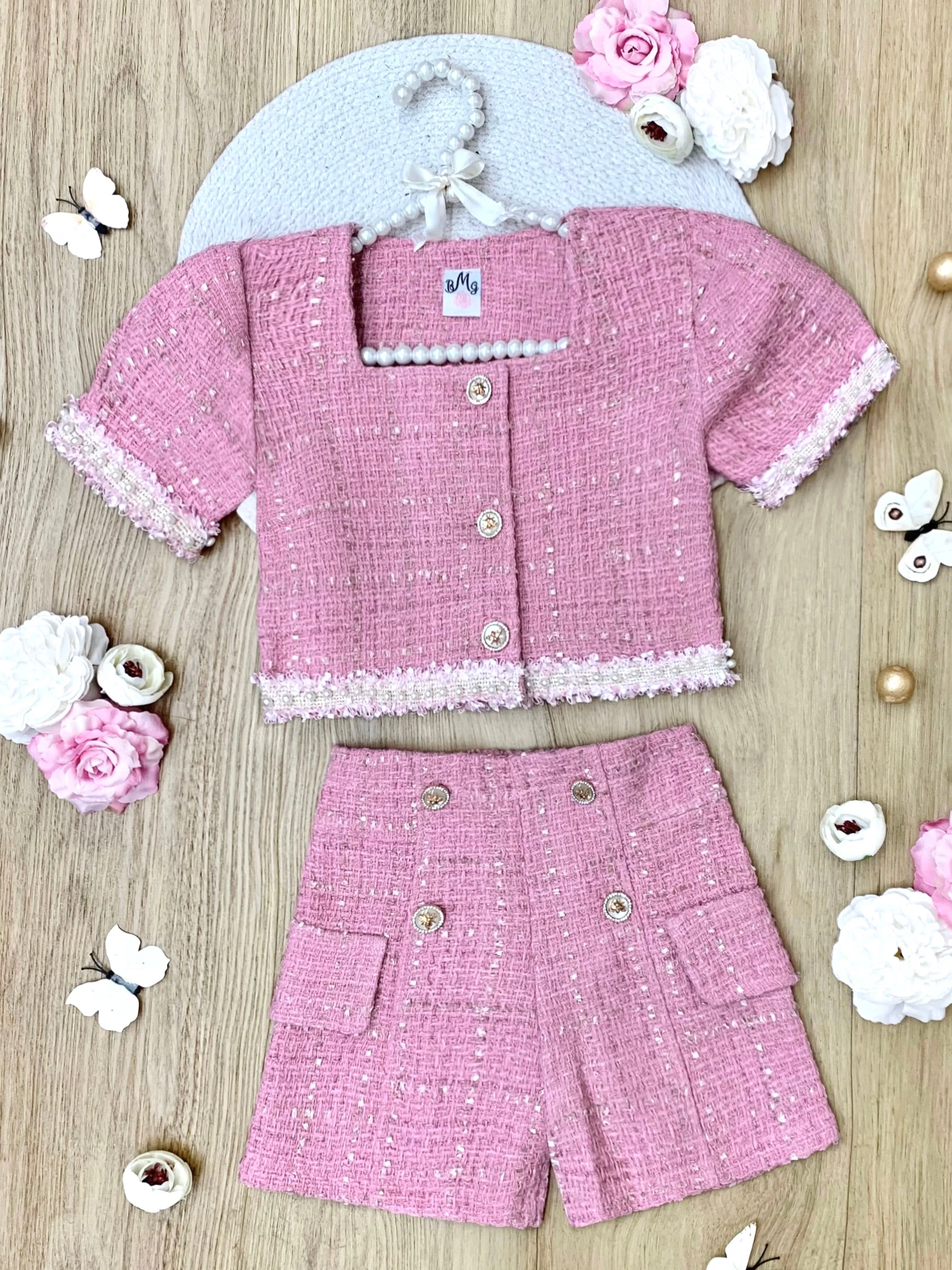 Blush Pearl Puff Sleeve Tweed Top and Short Set