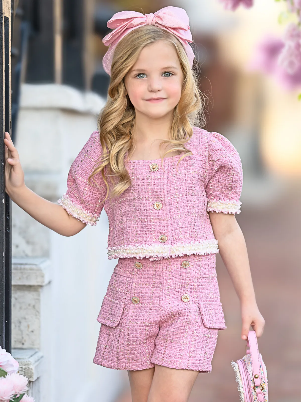 Blush Pearl Puff Sleeve Tweed Top and Short Set