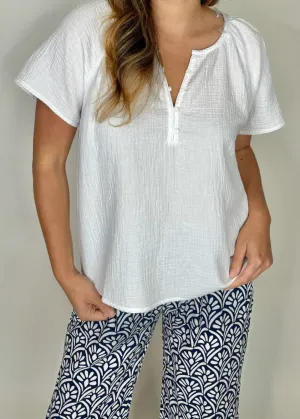 Bobi Shirred Short Sleeve Henley Blouse