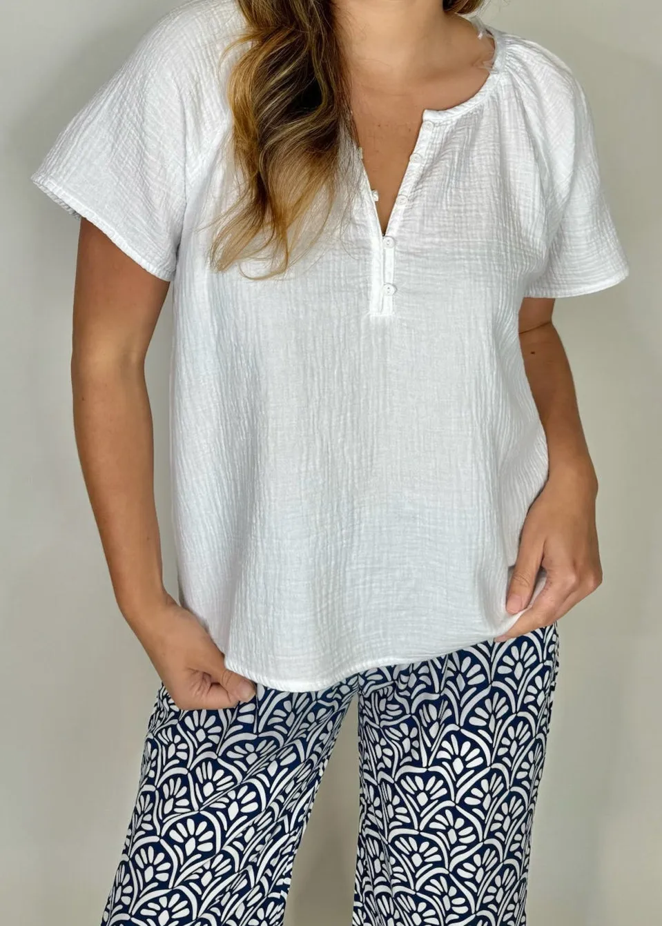 Bobi Shirred Short Sleeve Henley Blouse
