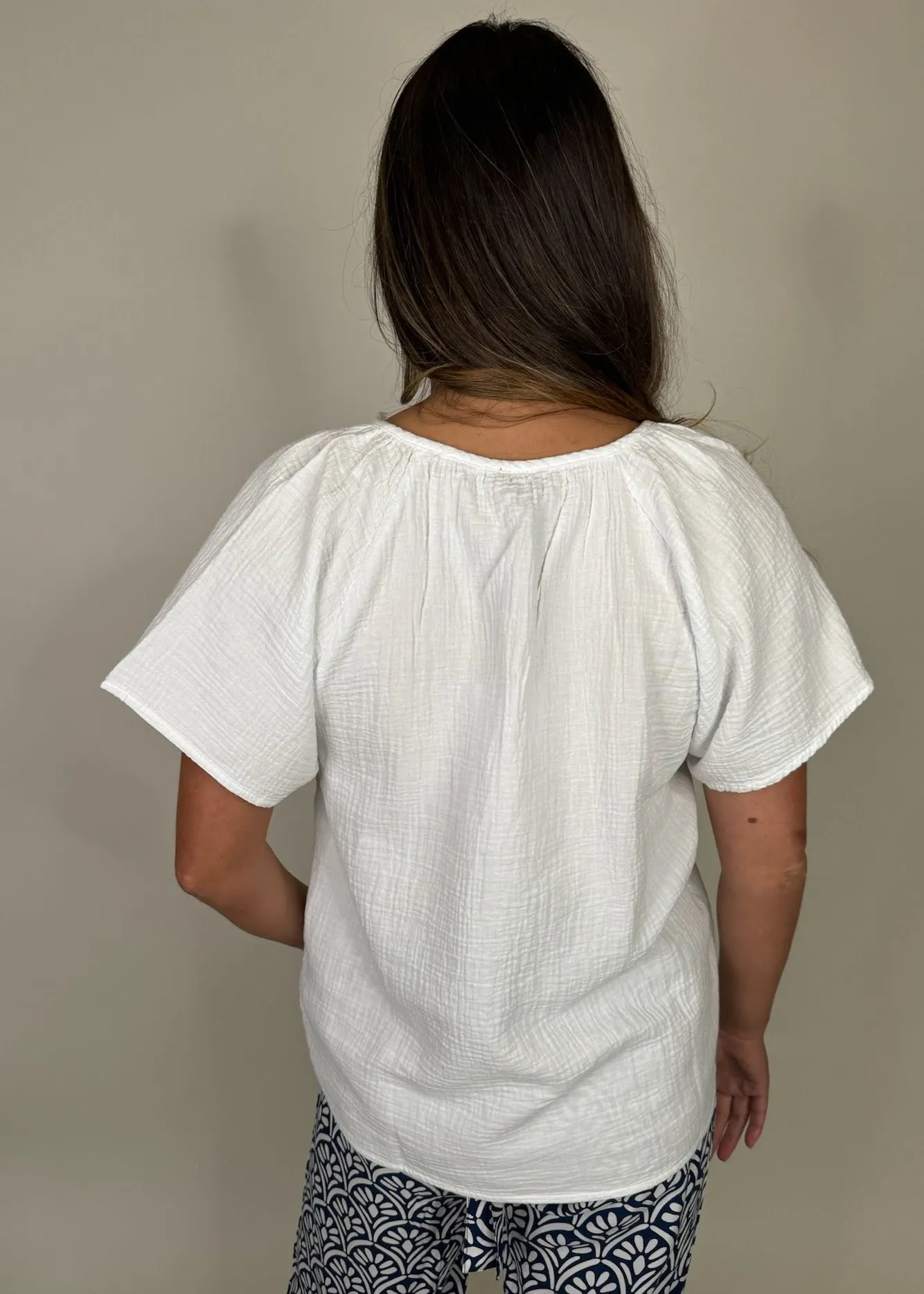 Bobi Shirred Short Sleeve Henley Blouse