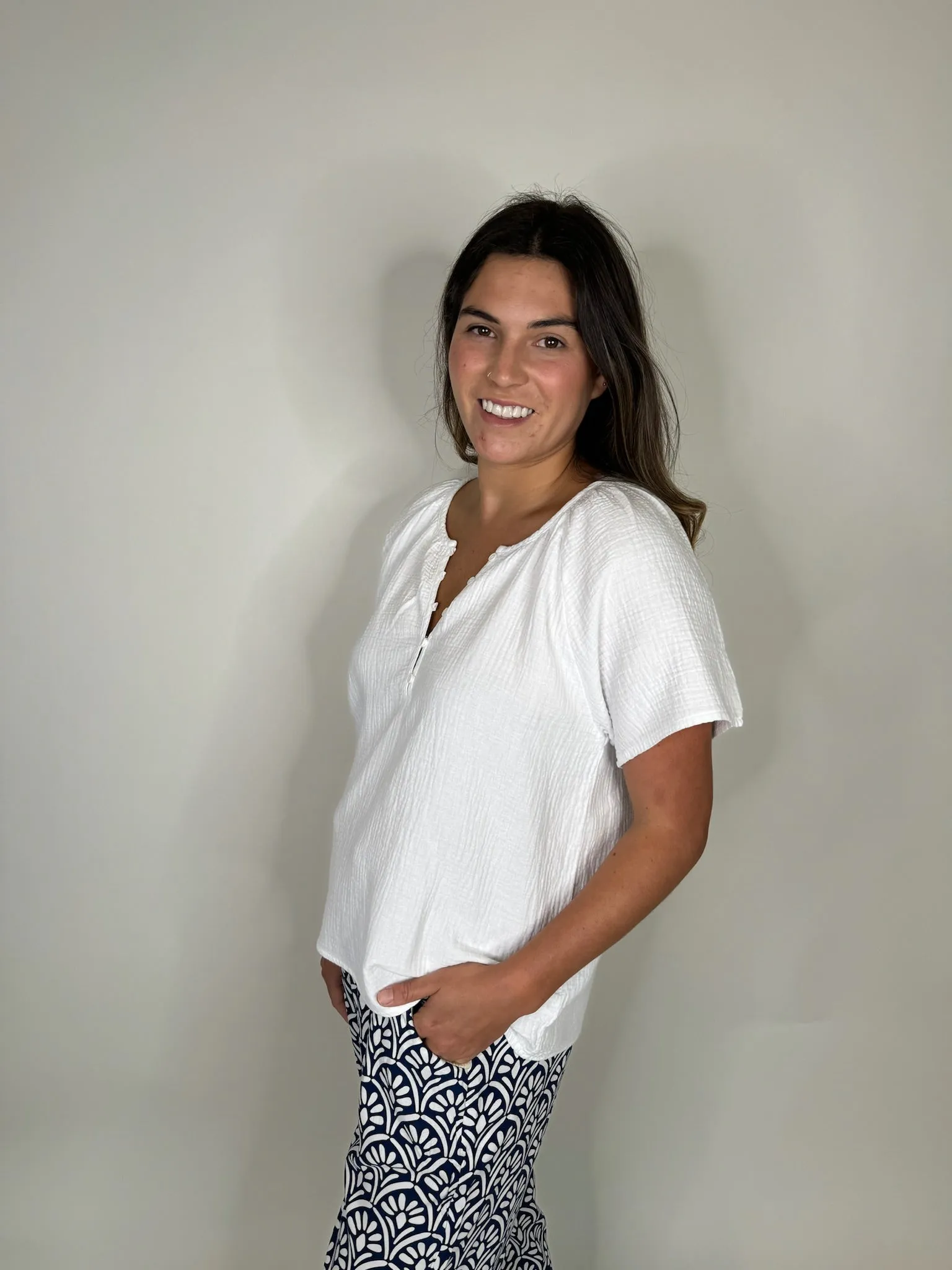 Bobi Shirred Short Sleeve Henley Blouse