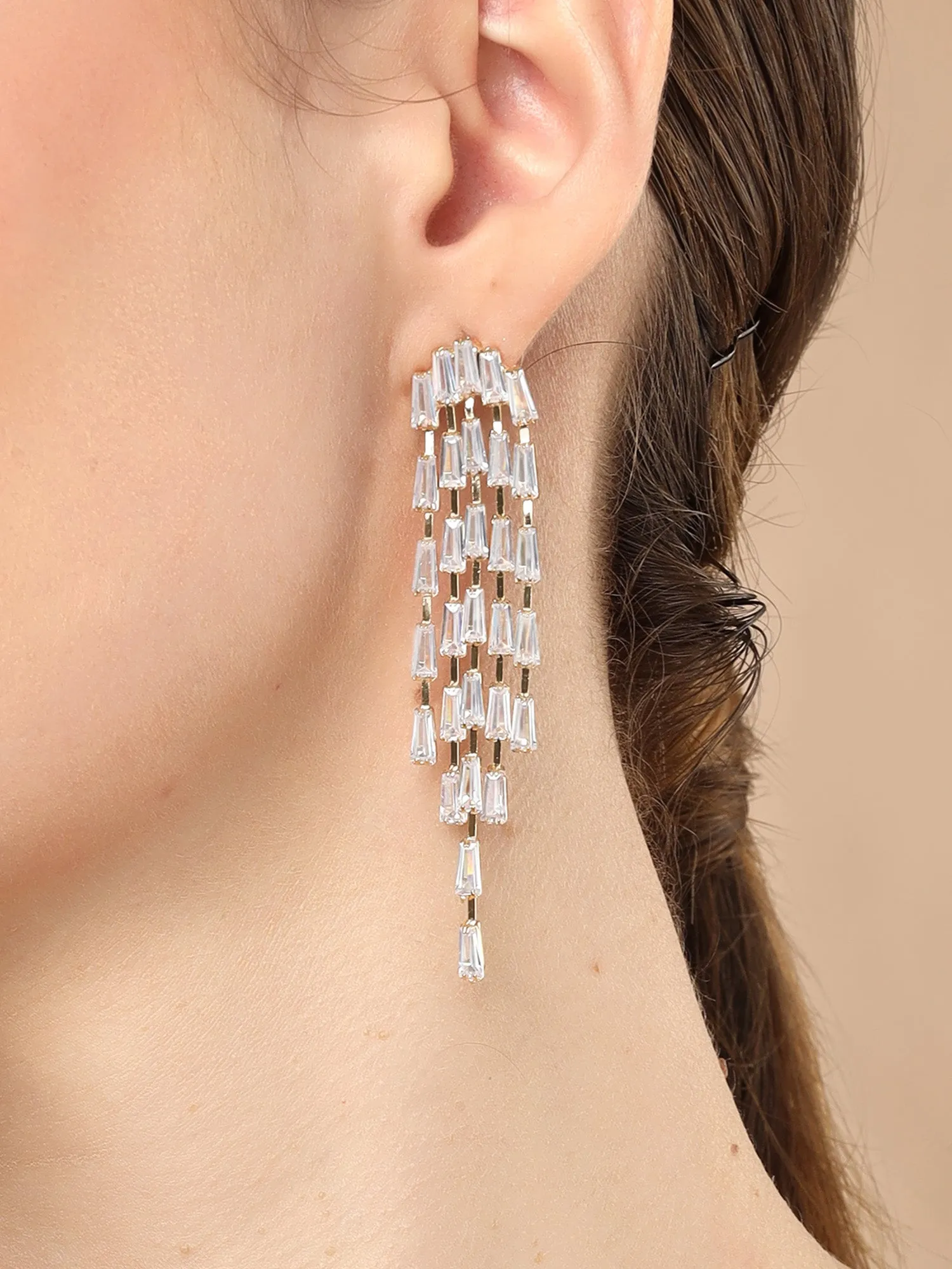 Bohey by KARATCART Gold Plated Cubic Zirconia Long Drop Earrings