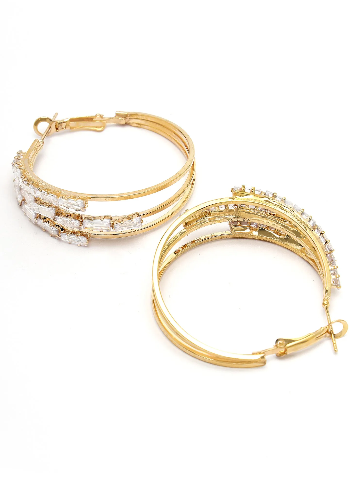 Bohey by KARATCART Gold Plated Cubic Zirconia Studded Multi Line Hoop Earrings