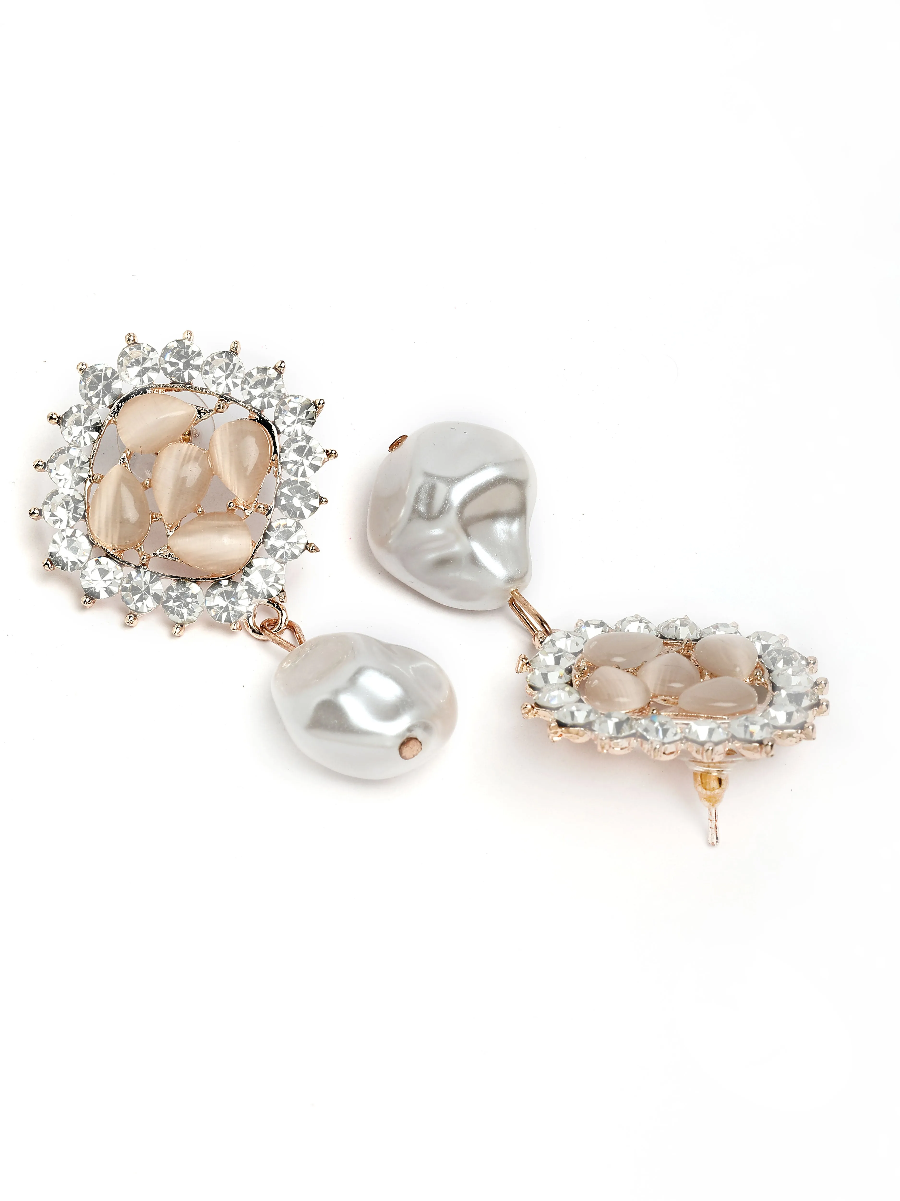 Bohey by KARATCART Gold-Plated Pearl and Peach Cubic Zirconia Studded Drop Earrings for Women