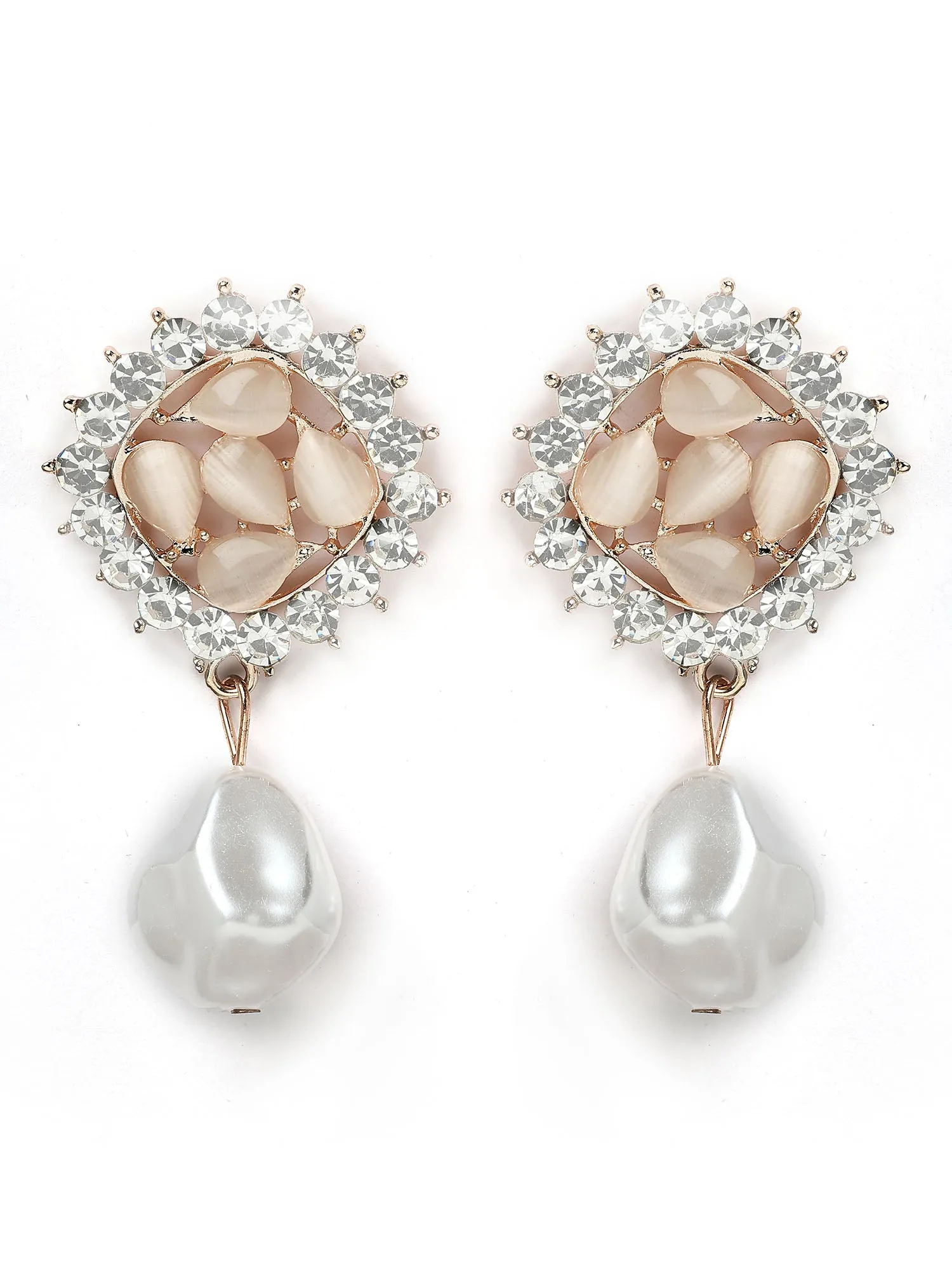 Bohey by KARATCART Gold-Plated Pearl and Peach Cubic Zirconia Studded Drop Earrings for Women