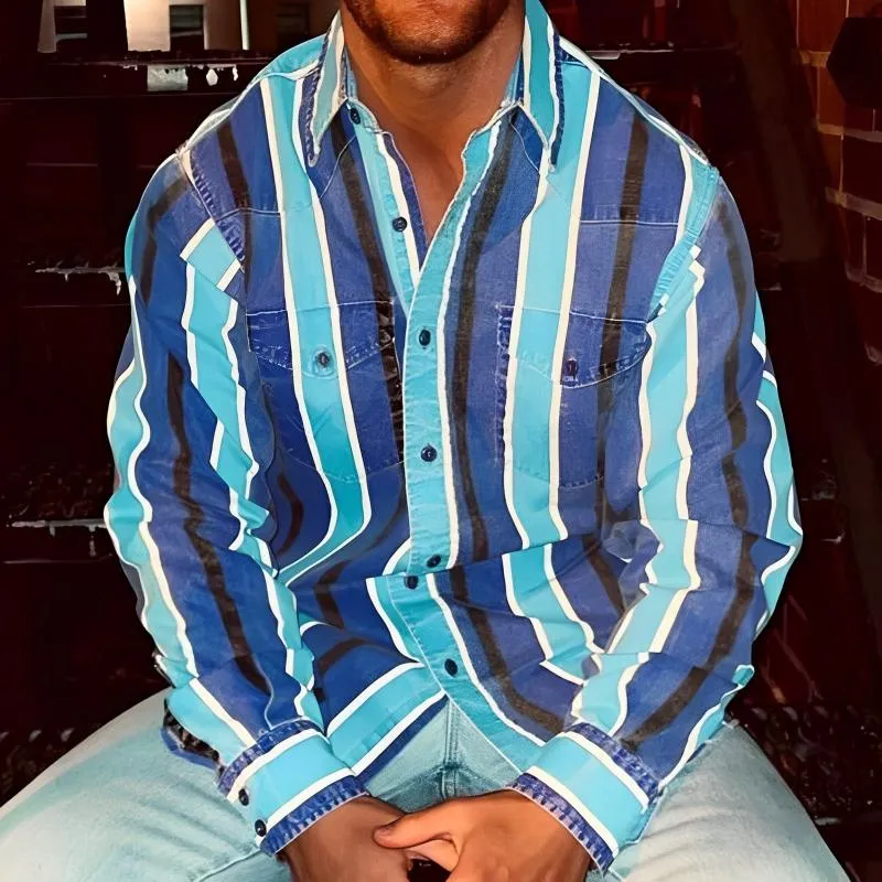 Bold Retro Color Block Long-Sleeve Shirt for Men