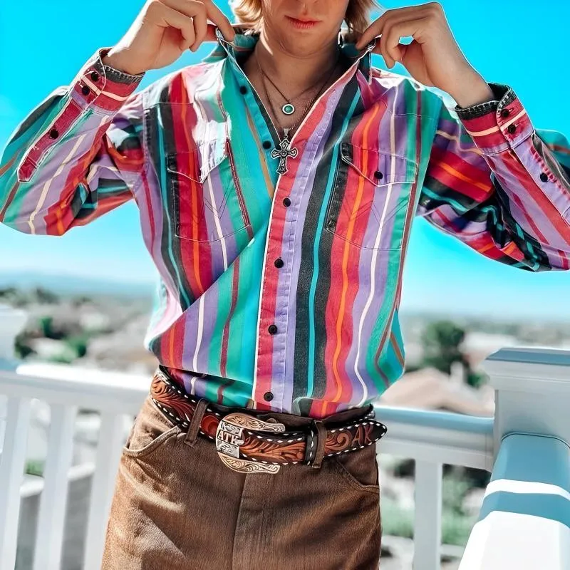 Bold Retro Color Block Long-Sleeve Shirt for Men