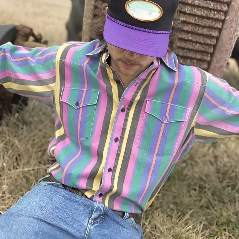Bold Retro Color Block Long-Sleeve Shirt for Men