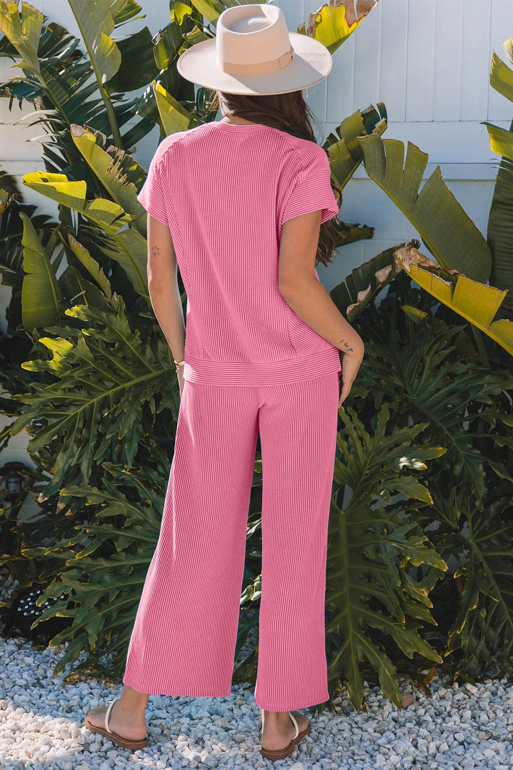 Bright Pink Solid Corded Knit Short Sleeve Top and Wide Leg Pants Set