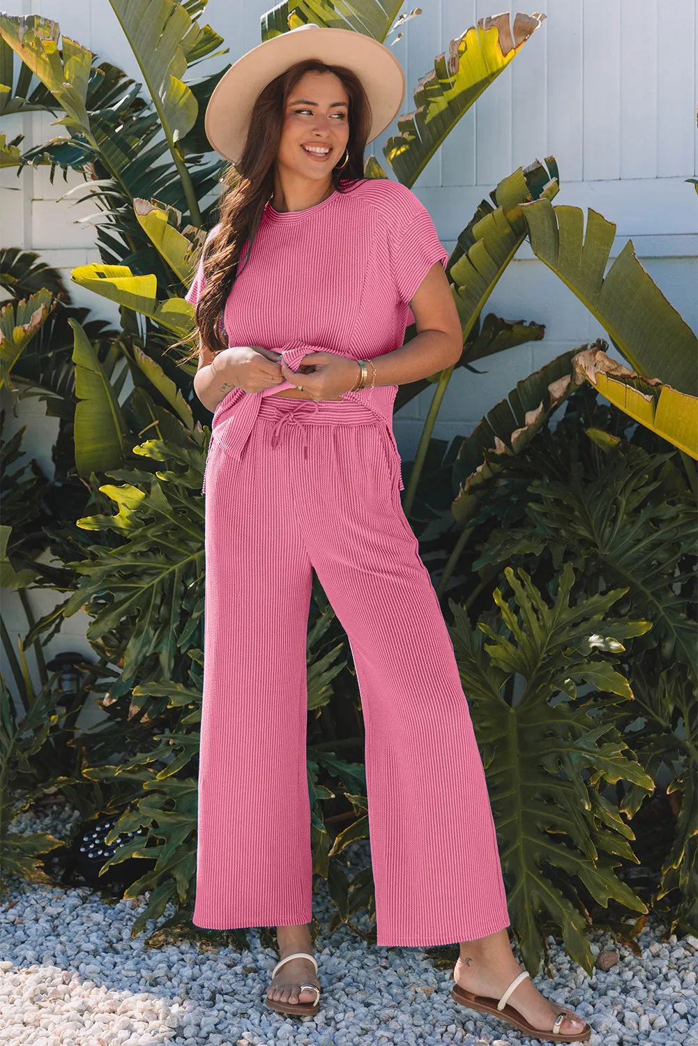 Bright Pink Solid Corded Knit Short Sleeve Top and Wide Leg Pants Set