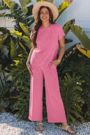 Bright Pink Solid Corded Knit Short Sleeve Top and Wide Leg Pants Set