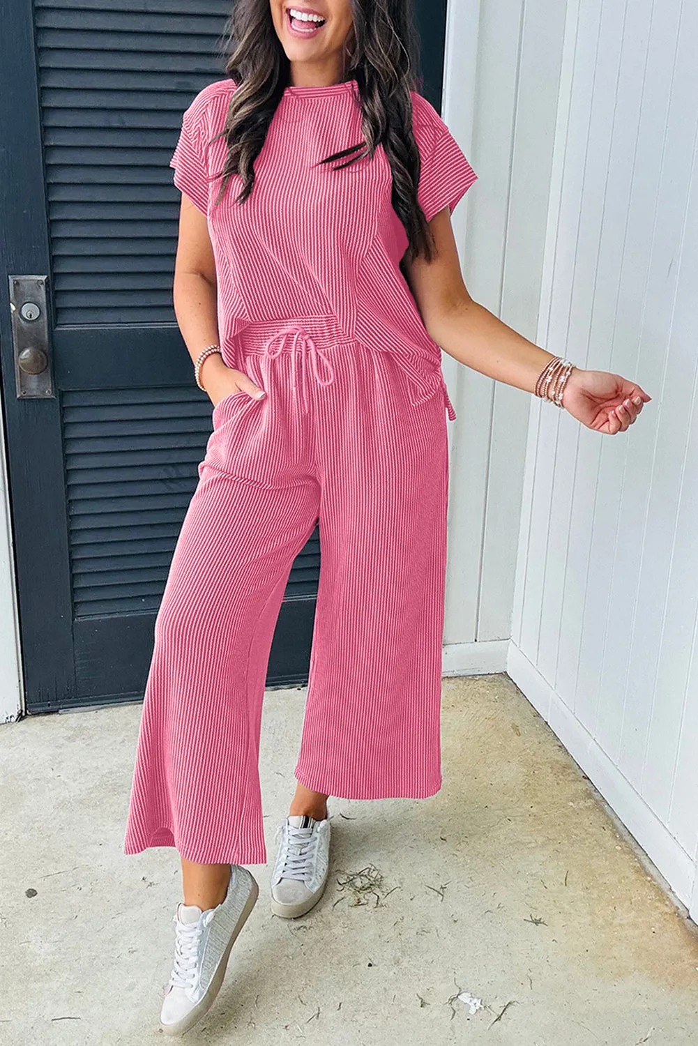 Bright Pink Solid Corded Knit Short Sleeve Top and Wide Leg Pants Set