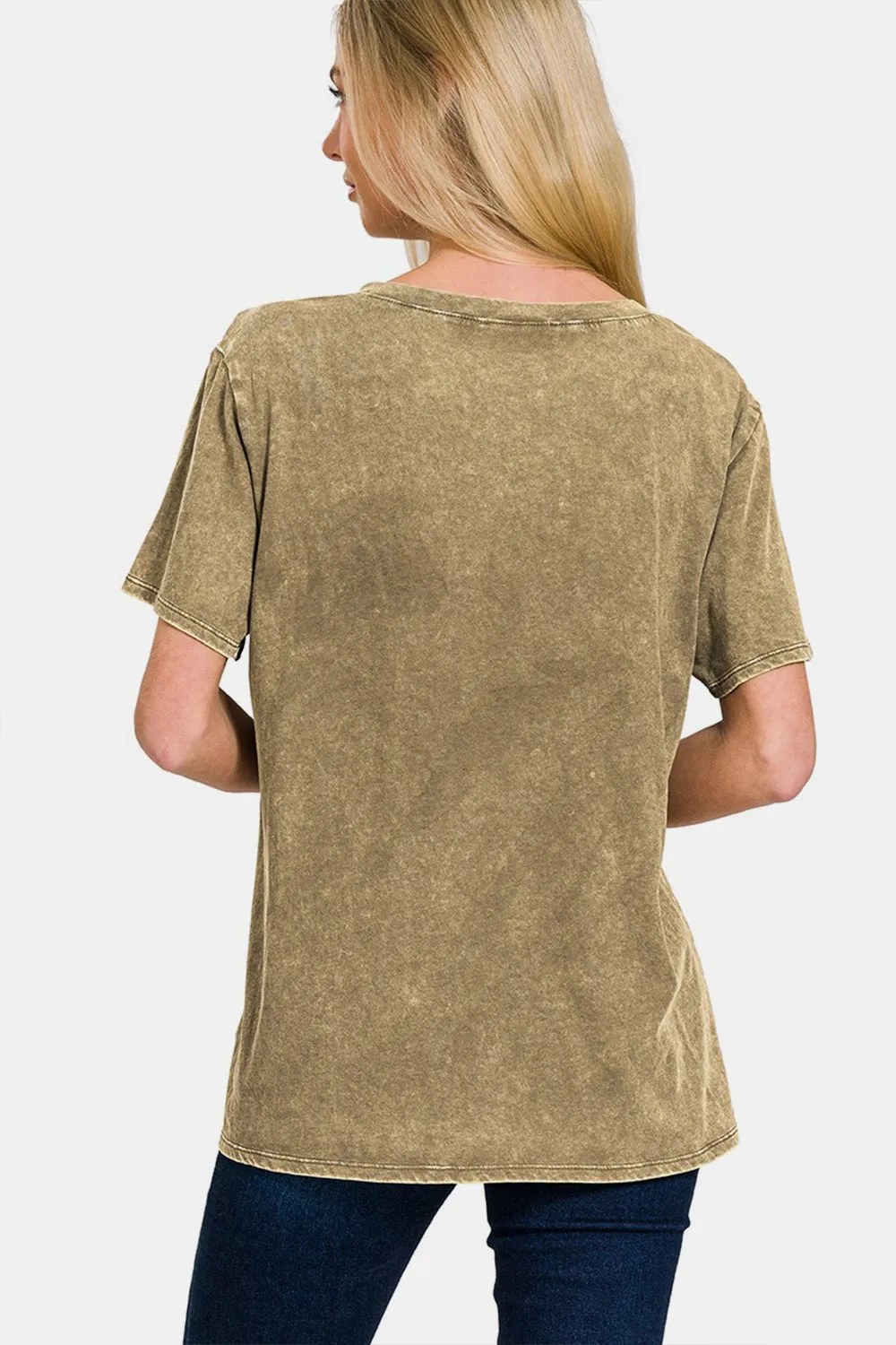 Brown Washed Short Sleeve V-Neck T-Shirt