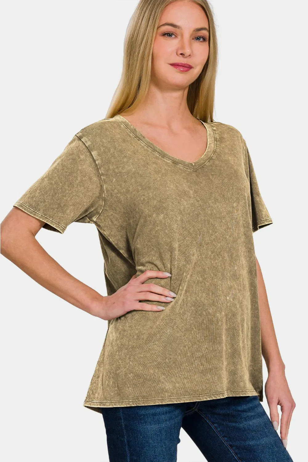 Brown Washed Short Sleeve V-Neck T-Shirt
