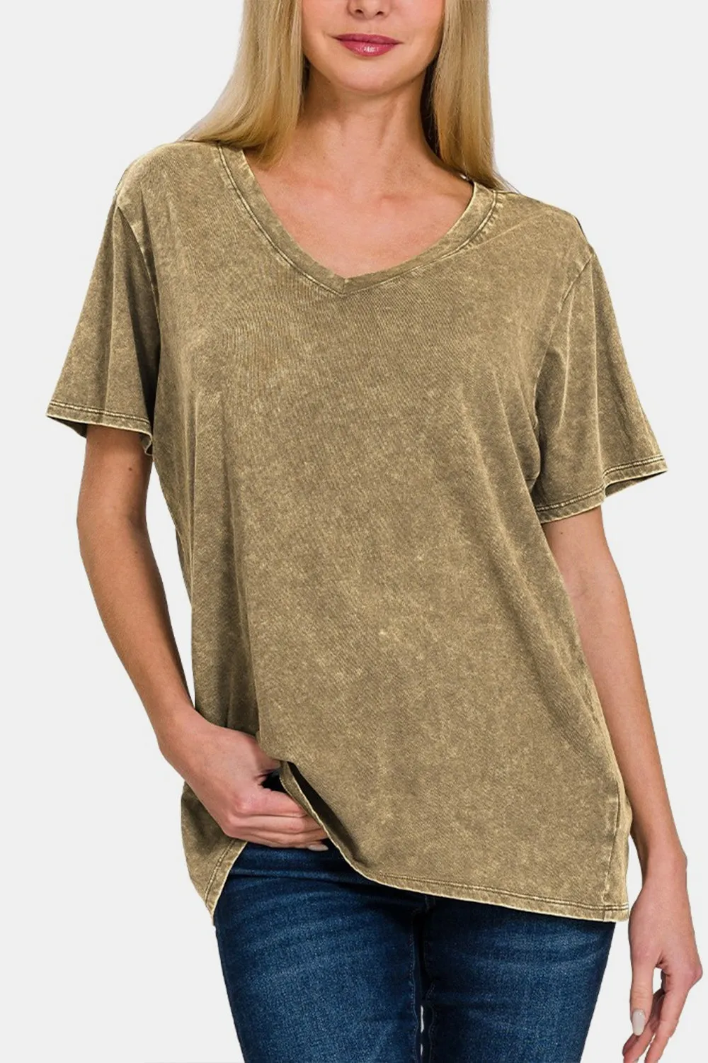 Brown Washed Short Sleeve V-Neck T-Shirt