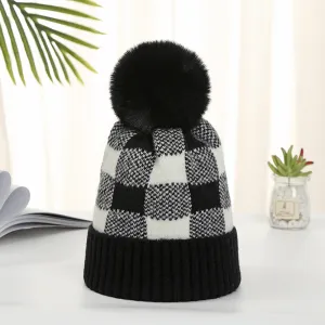 BUFFALO PLAID BEANIE WITH FAUX FUR POM