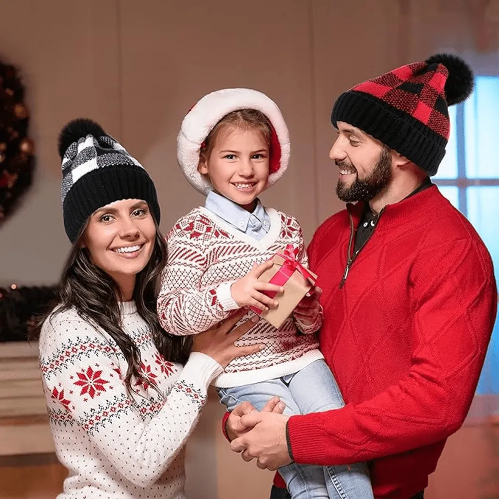 BUFFALO PLAID BEANIE WITH FAUX FUR POM