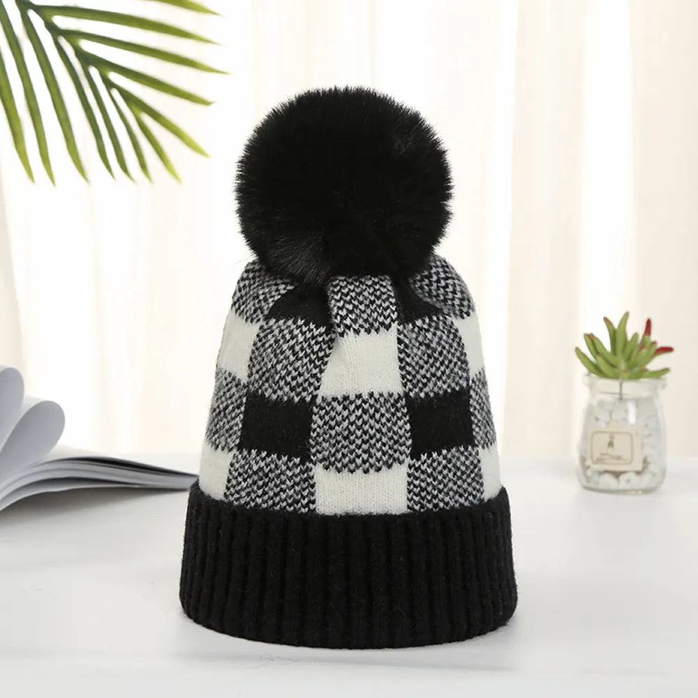 BUFFALO PLAID BEANIE WITH FAUX FUR POM