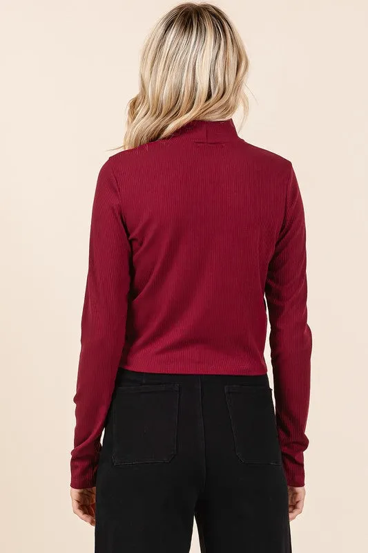 Burgundy Mock Neck Rib Knit Long Sleeve Crop Top