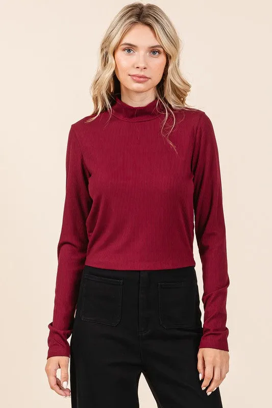 Burgundy Mock Neck Rib Knit Long Sleeve Crop Top