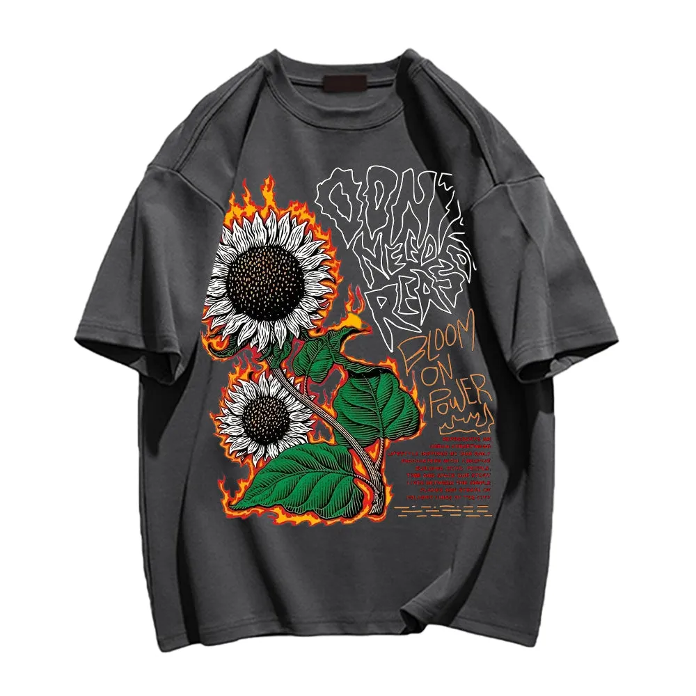 Burning Sunflower And Slogan Print Trendy T-shirt