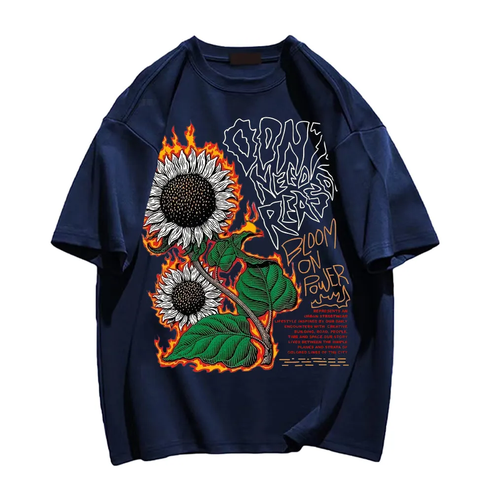 Burning Sunflower And Slogan Print Trendy T-shirt