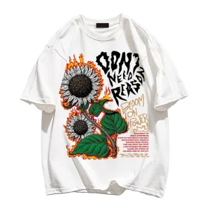 Burning Sunflower And Slogan Print Trendy T-shirt