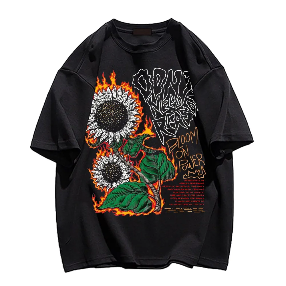 Burning Sunflower And Slogan Print Trendy T-shirt