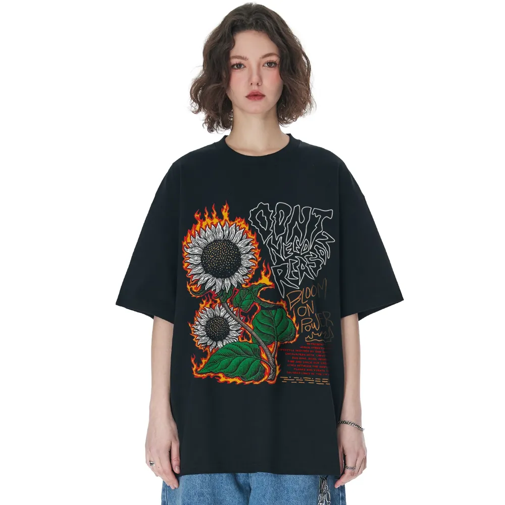 Burning Sunflower And Slogan Print Trendy T-shirt
