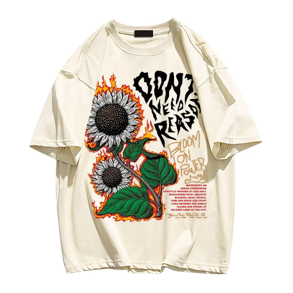 Burning Sunflower And Slogan Print Trendy T-shirt