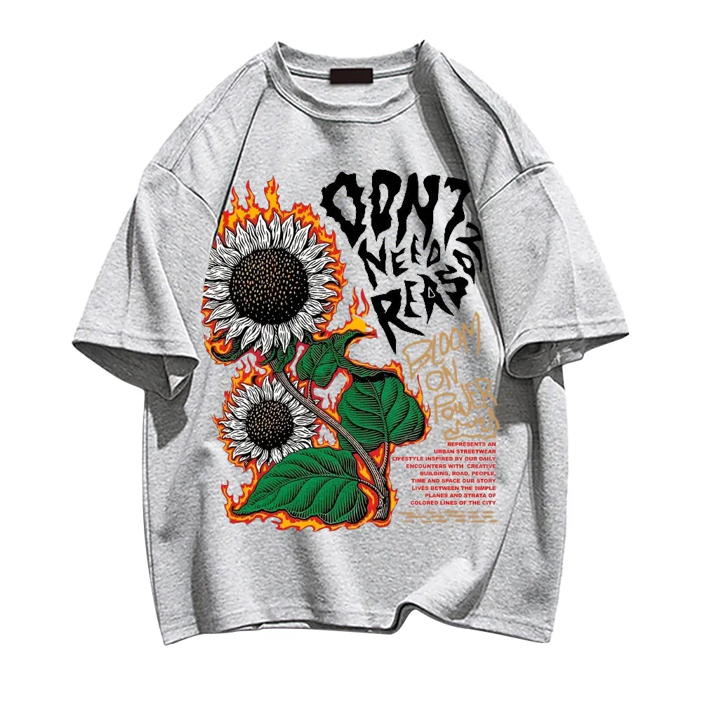 Burning Sunflower And Slogan Print Trendy T-shirt
