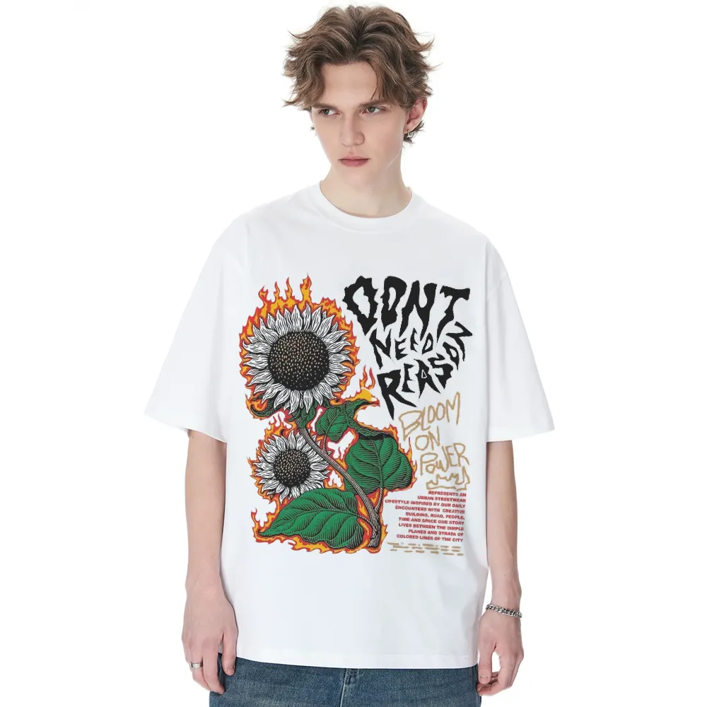 Burning Sunflower And Slogan Print Trendy T-shirt