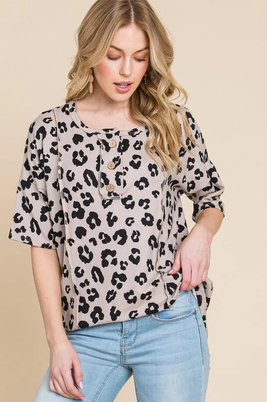 Button Detail Exposed Seam Leopard Half Sleeve Top
