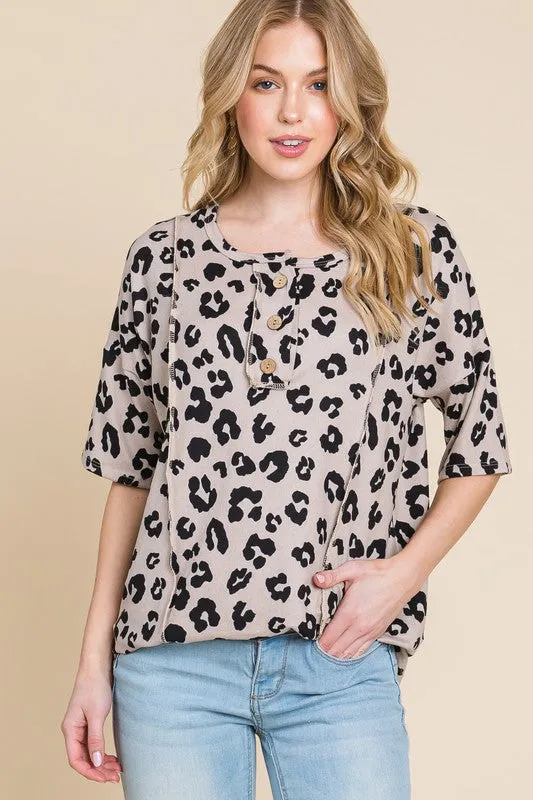 Button Detail Exposed Seam Leopard Half Sleeve Top