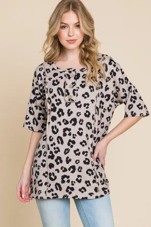 Button Detail Exposed Seam Leopard Half Sleeve Top