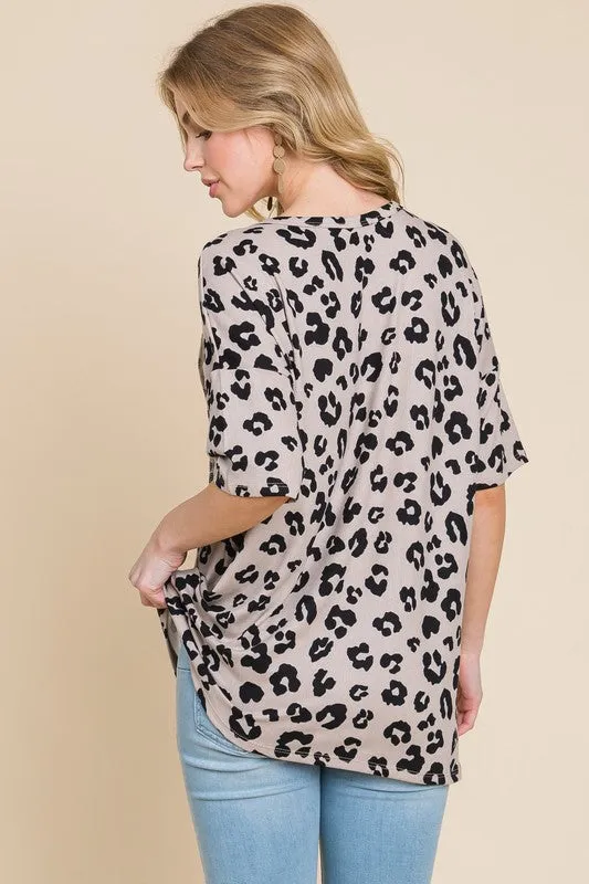 Button Detail Exposed Seam Leopard Half Sleeve Top