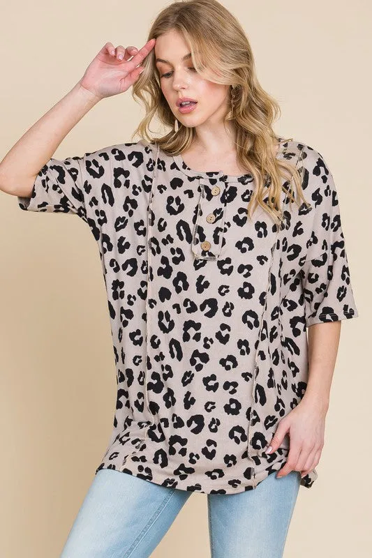 Button Detail Exposed Seam Leopard Half Sleeve Top