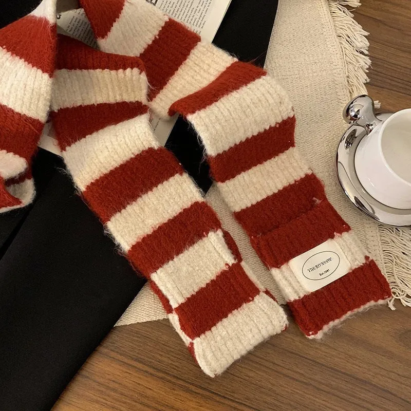 Buy one get one free. Japanese-style contrasting color striped scarf for women. Winter, Korean version, versatile, simple and retro knitted scarf. Warm and cold-proof scarf C-240911-4